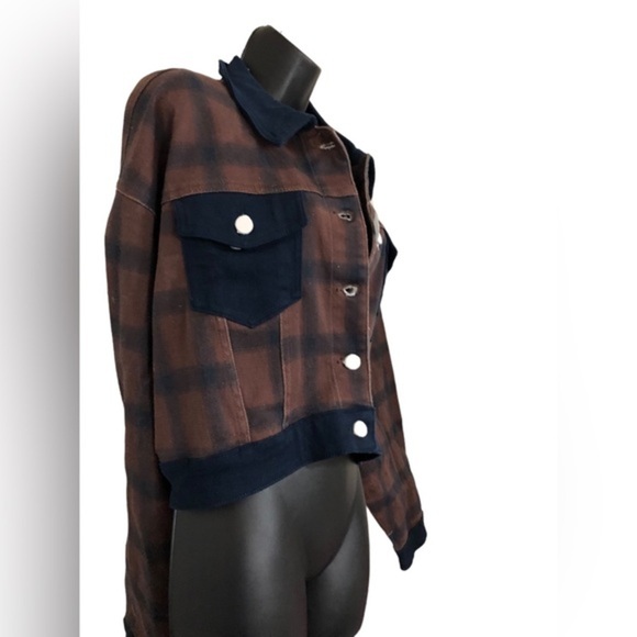 WeWoreWhat modern plaid stretch twill colorblock denim jacket size medium new - Picture 11 of 17